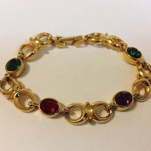 Link Bracelet Green Purple Red Oval Faceted Gemstones Gold Tone Metal Infinity